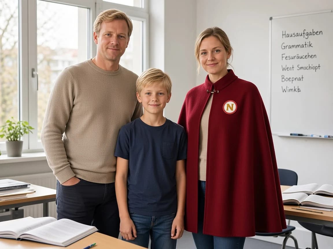Elternteil und Kind betreten ein helles Nachhilfeinstitut.