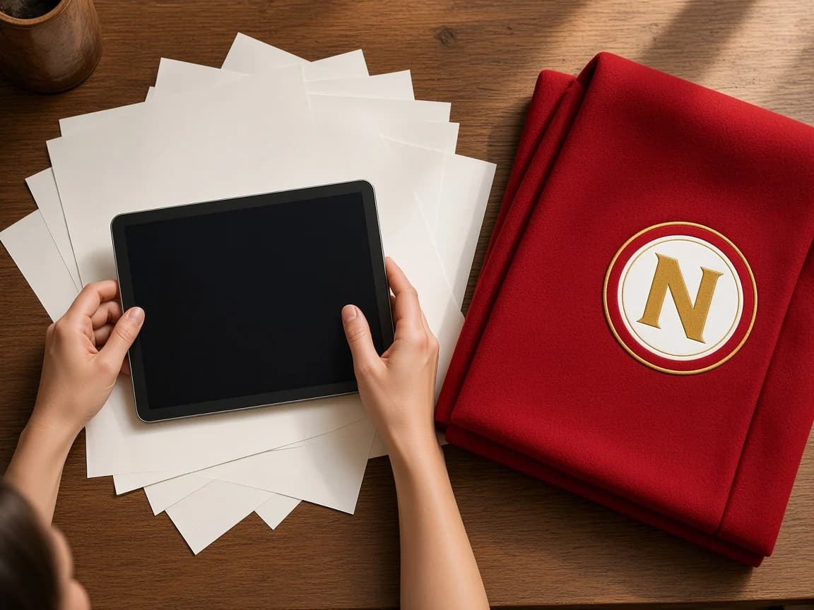 Hände sortieren Unterlagen und ein Tablet auf einem Schreibtisch.