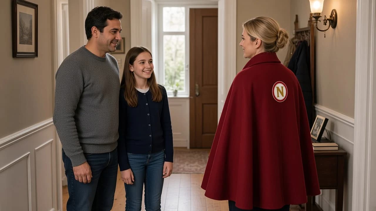 Familie begrüßt eine Nachhilfelehrerin mit Cape an der Wohnungstür.