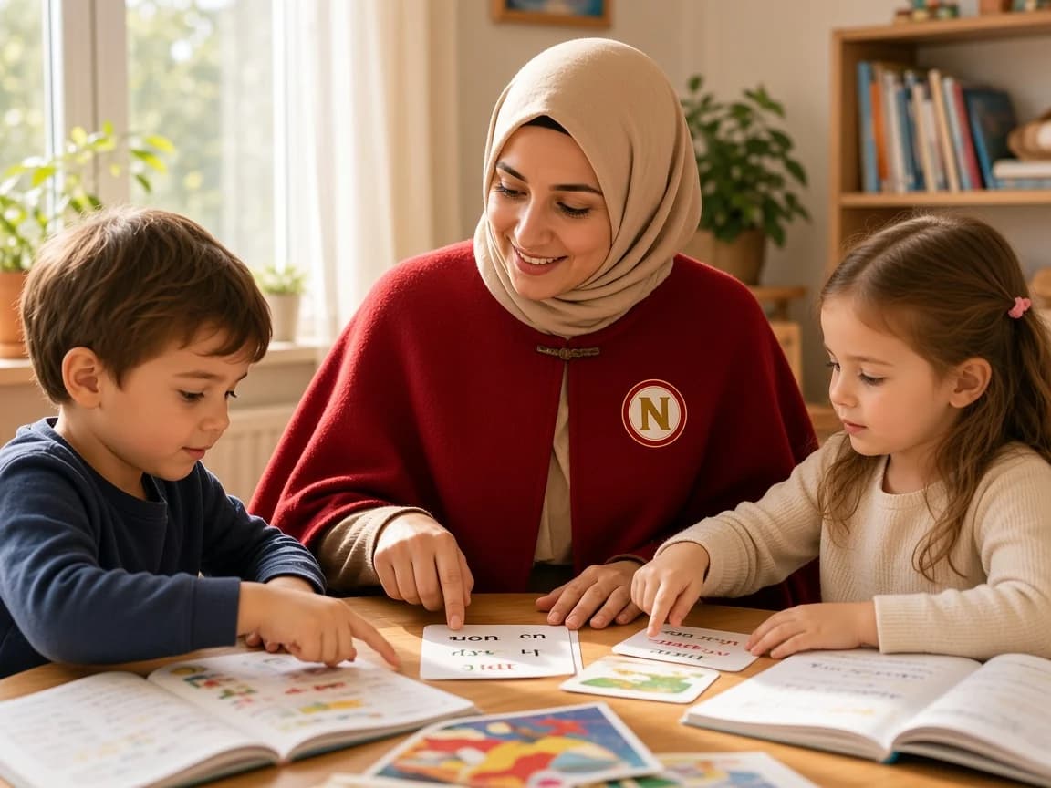 Tutorin mit Cape übt Sprachen mit zwei Kindern anhand von Karten.