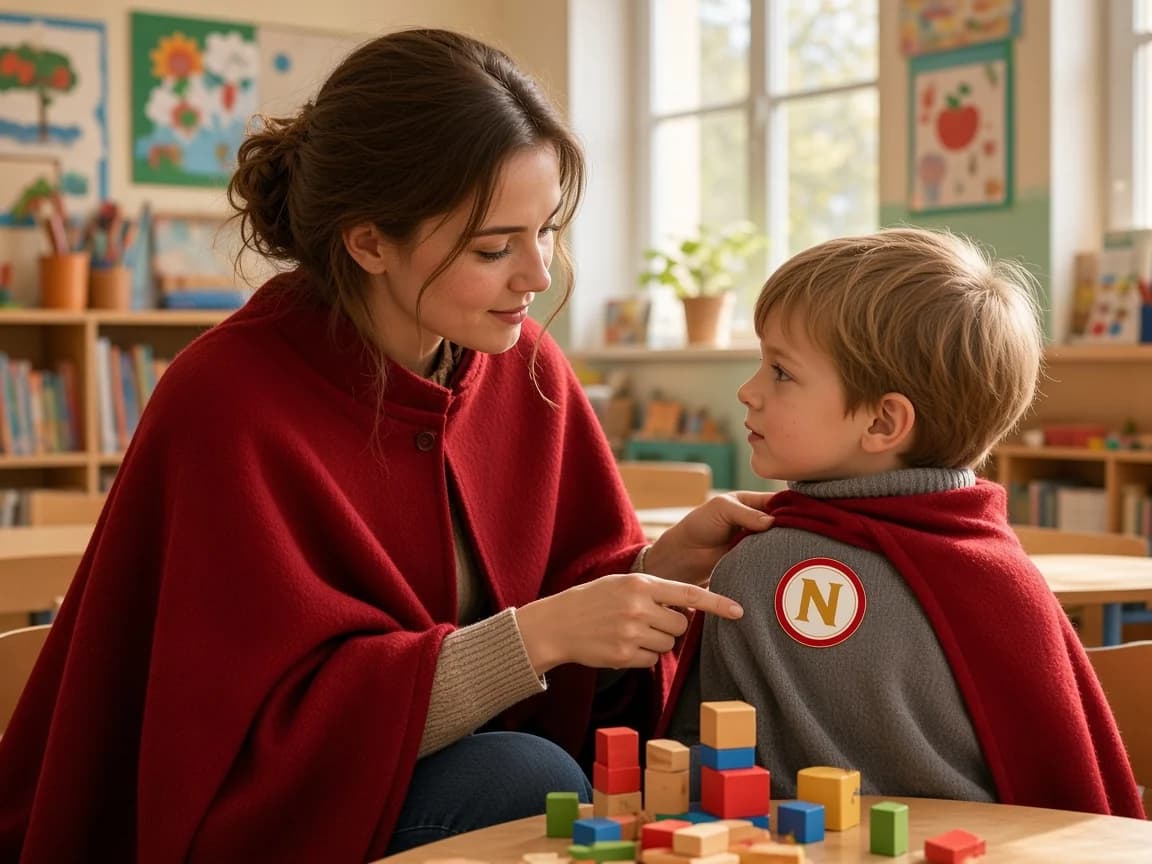 Lernbegleiterin mit Cape hilft einem Grundschulkind mit Zählklötzchen.