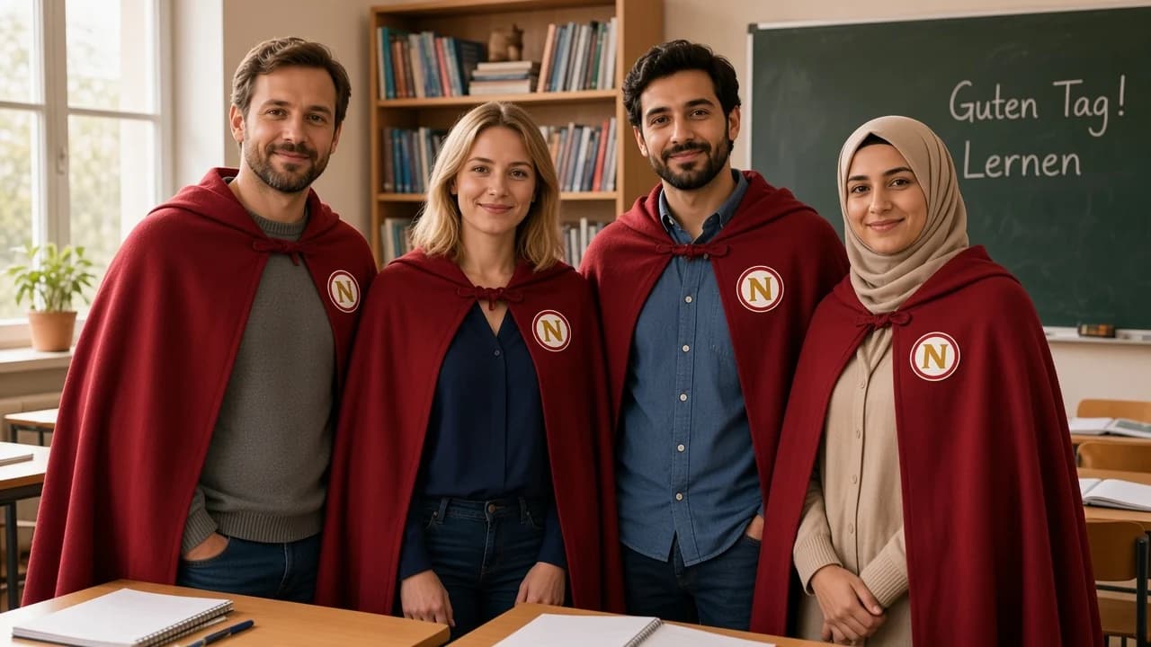 Vier Nachhilfelehrerinnen und -lehrer in einem hellen Lernstudio, einer mit Cape.