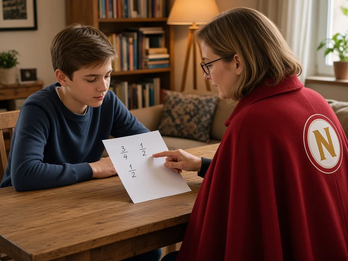 Tutorin mit Cape erklärt zu Hause am Esstisch Mathematik.
