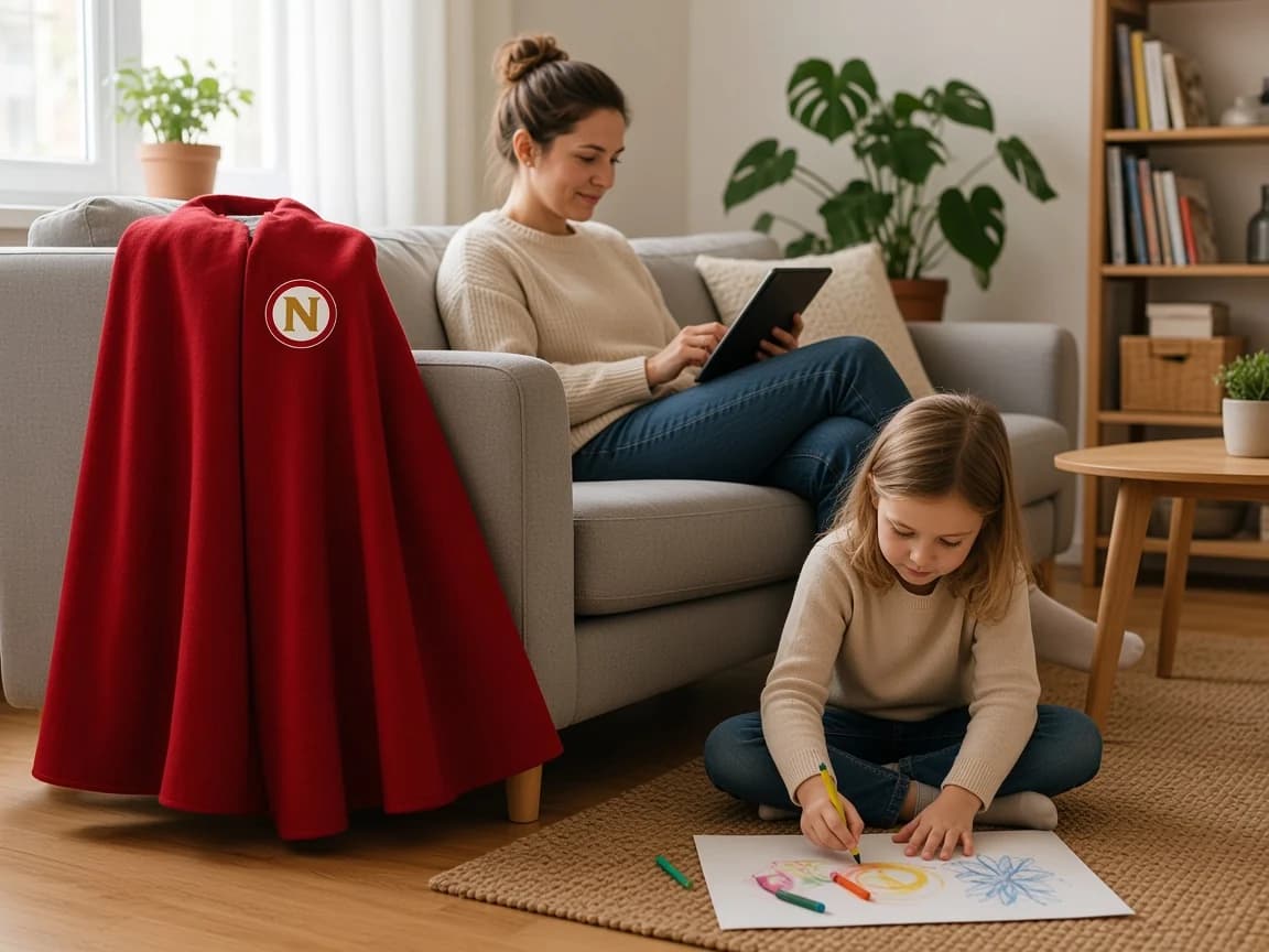 Elternteil liest auf dem Sofa, das Kind malt auf dem Boden.