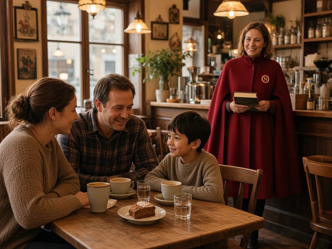 Familie sitzt entspannt in einem hellen Café.